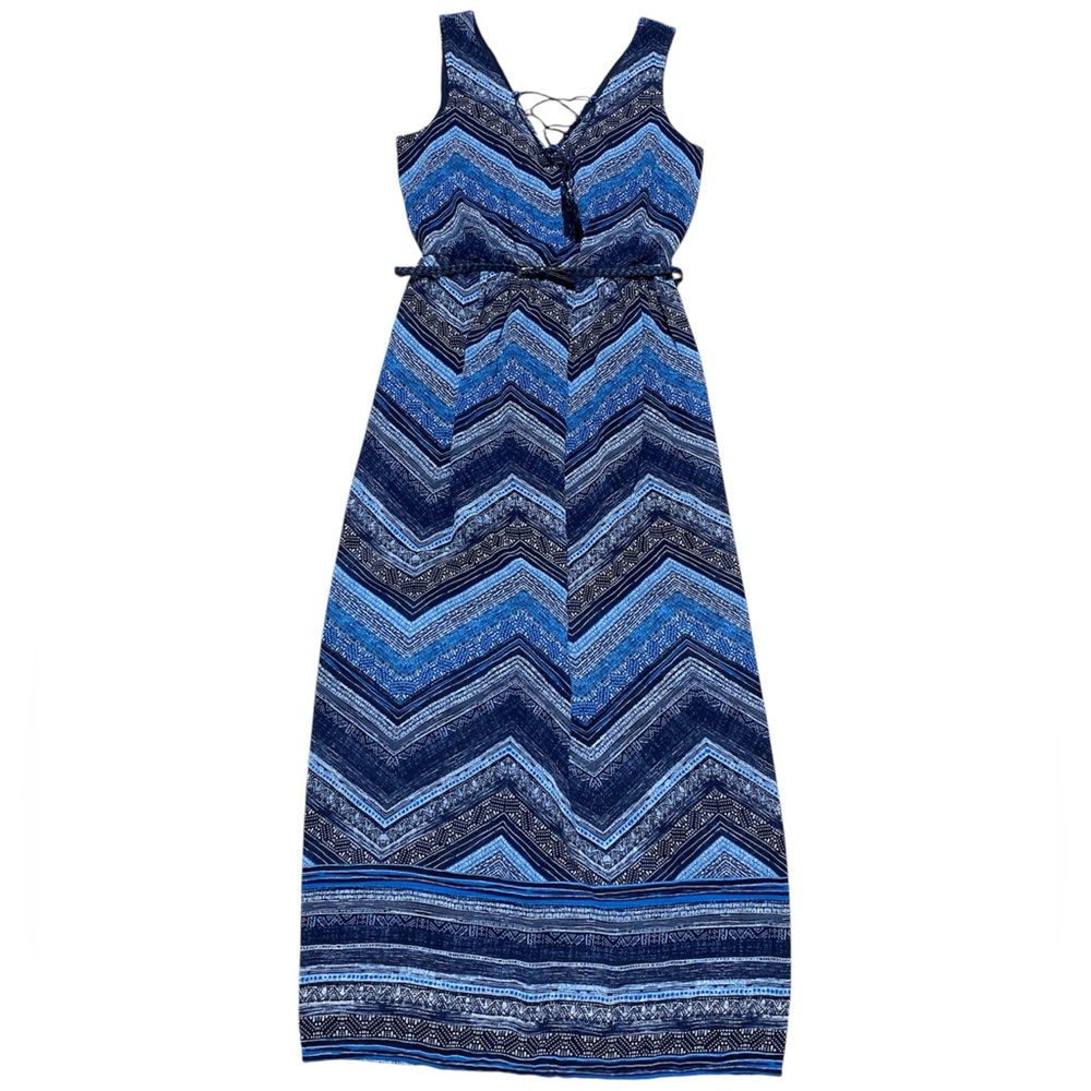 Luxology Sleeveless Maxi Dress Womens 10 Blue Chevron V Neck Lace Up & Belt Boho